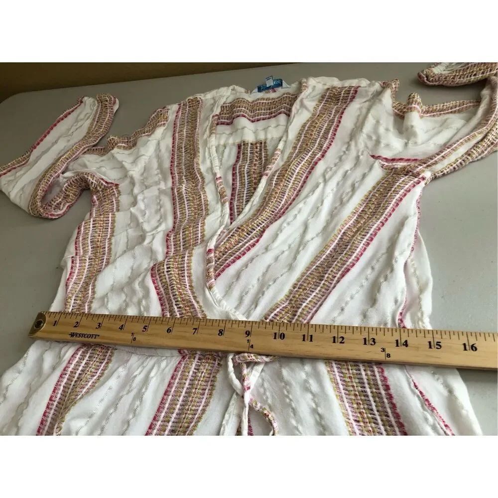 Blue Island Boho Wrap Dress XS Cream Striped Ruffle Hem Rayon - Picture 9 of 13